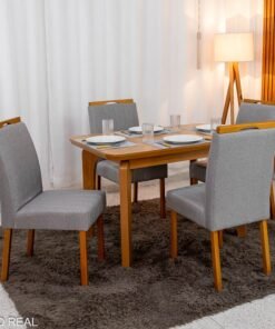 Mesa de Jantar Londrina 120x80 Cinamomo Rufato + 4 Cad. Isabela Linho Cinza 05 Madeira - KM Decor