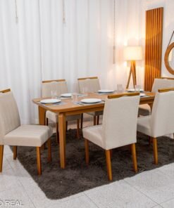 Mesa de Jantar Londrina 180x90 Cinamomo Rufato + 6 Cad. Isabela Linho Bege 01 Madeira - KM Decor