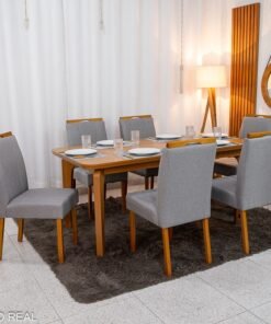 Mesa de Jantar Londrina 180x90 Cinamomo Rufato + 6 Cad. Isabela Linho Cinza 05 Madeira - KM Decor