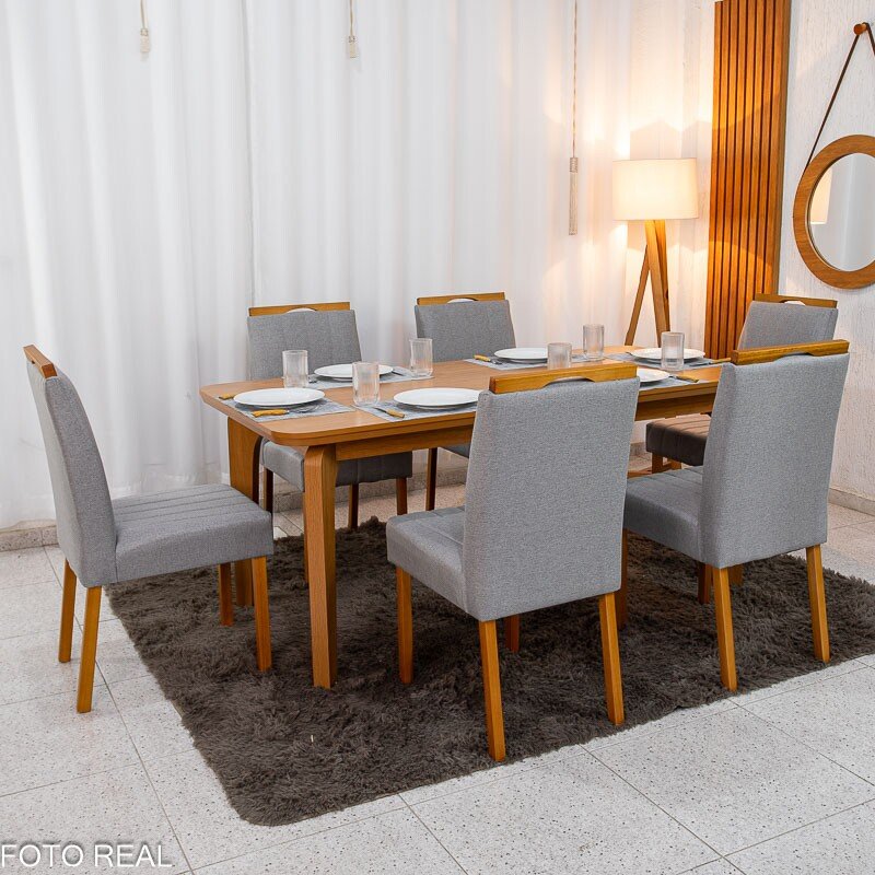 Mesa de Jantar Londrina 180x90 Cinamomo Rufato + 6 Cad. Isabela Linho Cinza 05 Madeira - KM Decor - Imagem 3