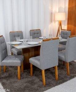 Mesa de Jantar Moscou 160x80 Vidro Off/Base Cinamomo + 6 Cad. Londres Linho Cinza Madeira Minas Plac - Entregue Montada