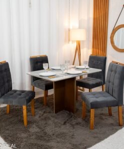 Mesa de Jantar Moscou 120x80 Vidro Off/Base Cinamomo + 4 Cad. Londres Veludo Chumbo Madeira Minas Plac - Entregue Montada