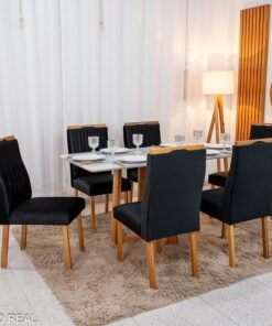 Mesa de Jantar Pedro 160×80 Mel Vidro Off + 6 Cad. Genova Veludo Preto 504 Madeira Art Assento - Entregue Montada