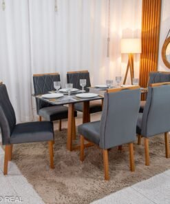 Mesa de Jantar Pedro 160×80 Vidro Grafite/Base Madeira + 6 Cad. Lisboa Veludo Cinza 507 Madeira Art Assento - Entregue Montada