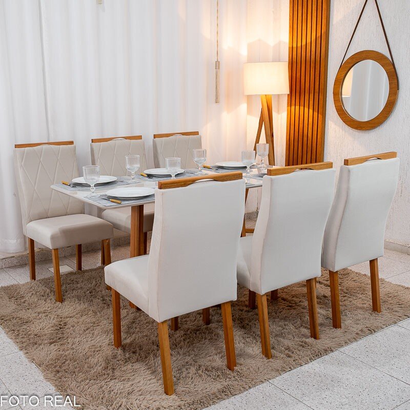 Mesa de Jantar Pedro 160×80 Vidro Off/Base Madeira + 6 Cad. Lisboa Veludo Bege 512 Madeira Art Assento - Entregue Montada - Imagem 4