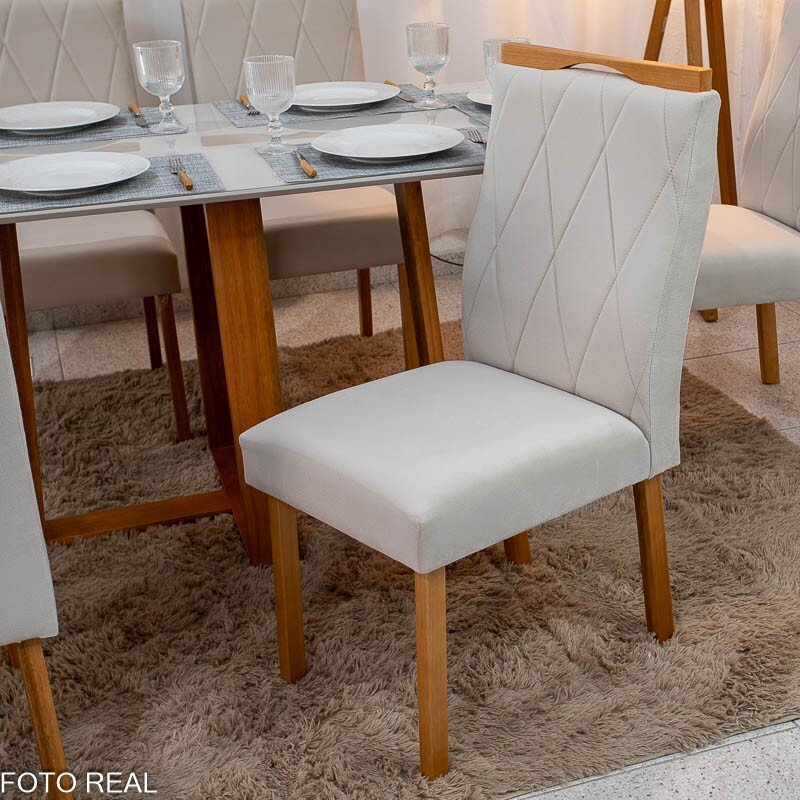 Mesa de Jantar Pedro 160×80 Vidro Off/Base Madeira + 6 Cad. Lisboa Veludo Bege 512 Madeira Art Assento - Entregue Montada - Imagem 5