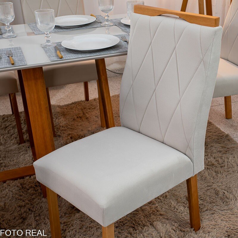 Mesa de Jantar Pedro 160×80 Vidro Off/Base Madeira + 6 Cad. Lisboa Veludo Bege 512 Madeira Art Assento - Entregue Montada - Imagem 6