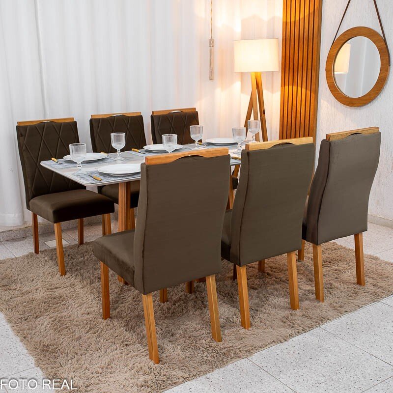 Mesa de Jantar Pedro 160×80 Vidro Off/Base Madeira + 6 Cad. Lisboa Veludo Marrom 509 Madeira Art Assento - Entregue Montada - Imagem 4