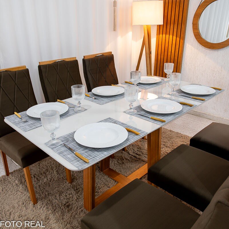 Mesa de Jantar Pedro 160×80 Vidro Off/Base Madeira + 6 Cad. Lisboa Veludo Marrom 509 Madeira Art Assento - Entregue Montada - Imagem 5