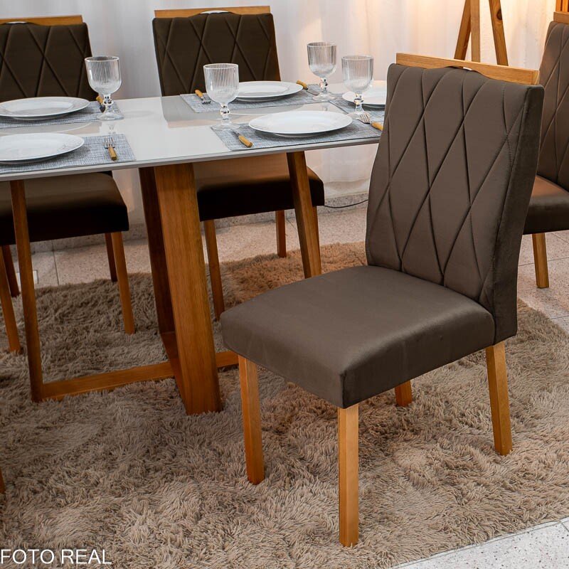 Mesa de Jantar Pedro 160×80 Vidro Off/Base Madeira + 6 Cad. Lisboa Veludo Marrom 509 Madeira Art Assento - Entregue Montada - Imagem 6