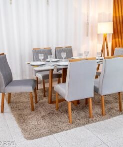 Mesa de Jantar Pedro 160×80 Vidro Off/Base Madeira + 6 Cad. Lisboa Veludo Prata 514 Madeira Art Assento - Entregue Montada