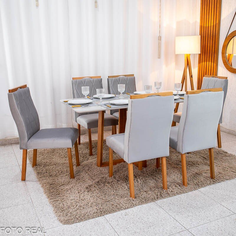 Mesa de Jantar Pedro 160×80 Vidro Off/Base Madeira + 6 Cad. Lisboa Veludo Prata 514 Madeira Art Assento - Entregue Montada