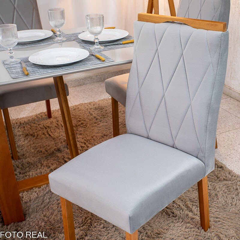 Mesa de Jantar Pedro 160×80 Vidro Off/Base Madeira + 6 Cad. Lisboa Veludo Prata 514 Madeira Art Assento - Entregue Montada - Imagem 6