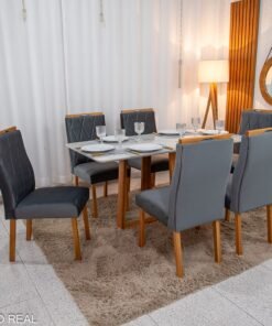 Mesa de Jantar Pedro 160x80 Vidro Off/Base Madeira + 6 Cad. Lisboa Veludo Cinza 507 Madeira Art Assento - Entregue Montada