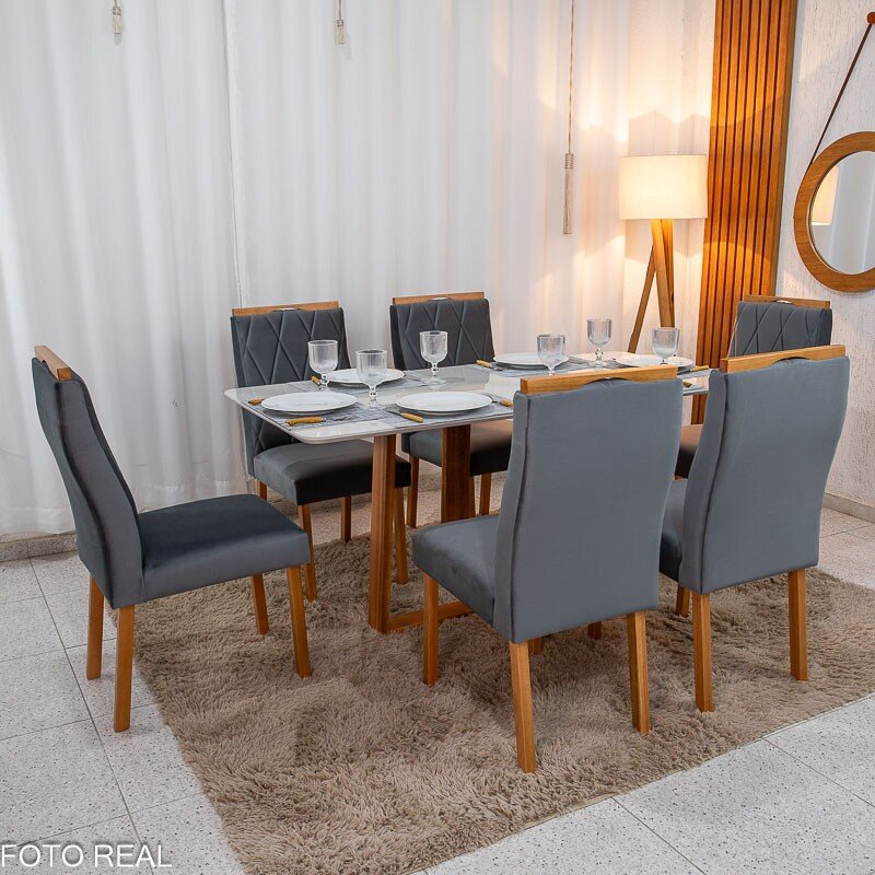 Mesa de Jantar Pedro 160x80 Vidro Off/Base Madeira + 6 Cad. Lisboa Veludo Cinza 507 Madeira Art Assento - Entregue Montada - Imagem 3