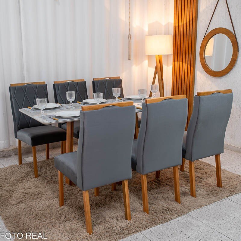 Mesa de Jantar Pedro 160x80 Vidro Off/Base Madeira + 6 Cad. Lisboa Veludo Cinza 507 Madeira Art Assento - Entregue Montada - Imagem 4
