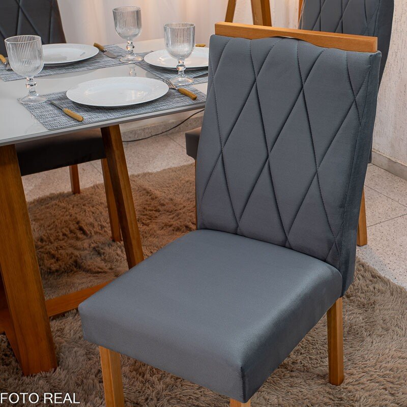 Mesa de Jantar Pedro 160x80 Vidro Off/Base Madeira + 6 Cad. Lisboa Veludo Cinza 507 Madeira Art Assento - Entregue Montada - Imagem 7