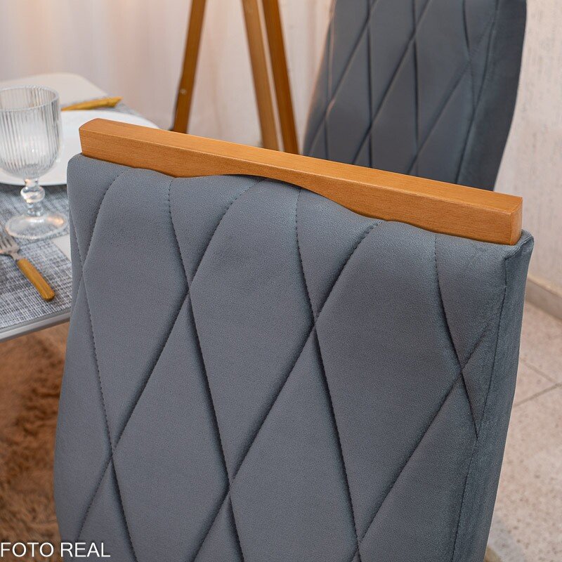 Mesa de Jantar Pedro 160x80 Vidro Off/Base Madeira + 6 Cad. Lisboa Veludo Cinza 507 Madeira Art Assento - Entregue Montada - Imagem 8