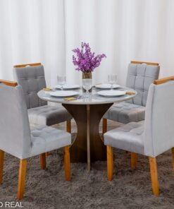 Mesa de Jantar Siena Redonda 100cm Vidro Off/Base Cinamomo + 4 Cad. Londres Veludo Prata Madeira Minas Plac - Entregue Montada