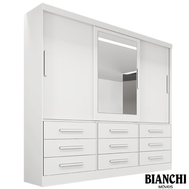 Roupeiro Casal Turim Branco 3 Portas 9 Gavetas C/ 1 Espelho 100% MDF Larg. 2.11 - Bianchi