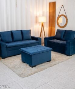 Sofá 3 e 2 lugares França com Puff Veludo Azul A16 Larg. 1.86m