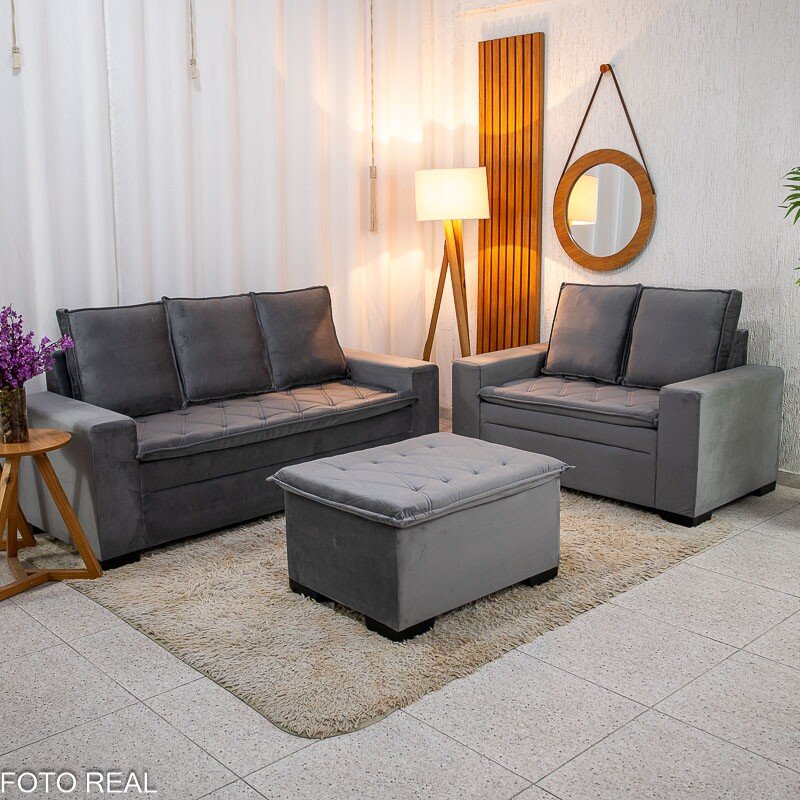 Sofá 3 e 2 lugares França com Puff Veludo Cinza A15 Larg. 1.86m