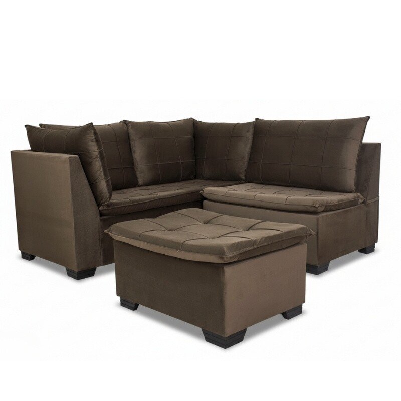 Sofá Canto 5 lugares com Puff Viena Veludo Marrom A17