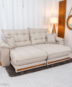 Sofá Retrátil Reclinável Barcelona 2.30m Linho Bege 459 C/ 2 Almofadas - D33 e Molas Ensacadas Pocket