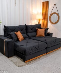 Sofá Retrátil Reclinável Gran Bello 2.50m Veludo Preto 21 - Molas Ensacadas Pocket