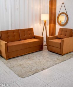 Sofá Áustria 3 Lugares + Poltrona Áustria Veludo Terracota A62
