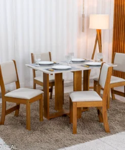 Mesa de Jantar Magic 120x80 Tampo Off Mel/Blonde + 4 cad. Sol Assento veludo Marfim - Viero