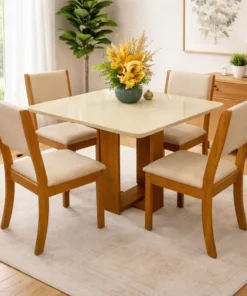 Mesa Anjo 90 Mel/Blonde com 4 Cadeiras Sol Linho Bronze – VIERO MÓVEIS