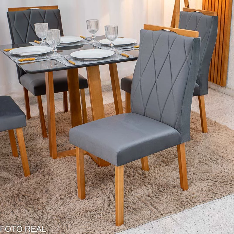 Mesa de Jantar Pedro 90x90 Vidro Madeira + 4 Cad. Veludo (VARIAS OPÇÕES DE CORES) - Imagem 6