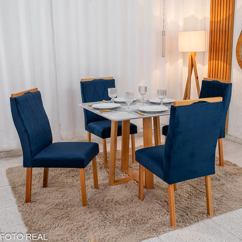 Mesa de Jantar Pedro 90x90 Vidro Madeira + 4 Cad. Veludo (VARIAS OPÇÕES DE CORES) - Imagem 2