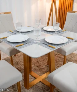 Mesa de Jantar Pedro 90x90 Vidro Madeira + 4 Cad. Veludo (VARIAS OPÇÕES DE CORES)