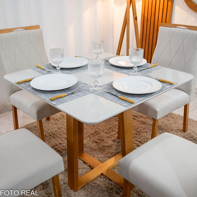 Mesa de Jantar Pedro 90x90 Vidro Madeira + 4 Cad. Veludo (VARIAS OPÇÕES DE CORES)