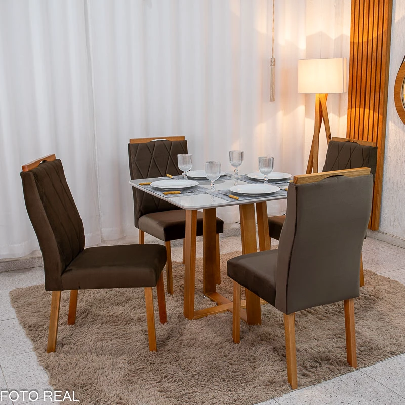 Mesa de Jantar Pedro 90x90 Vidro Madeira + 4 Cad. Veludo (VARIAS OPÇÕES DE CORES) - Imagem 7