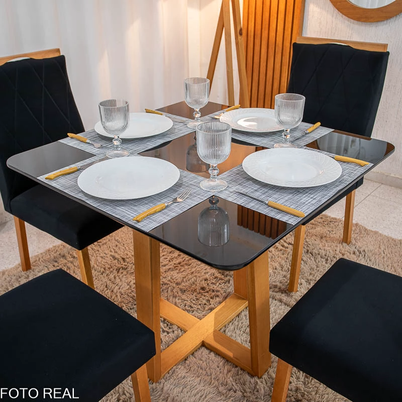 Mesa de Jantar Pedro 90x90 Vidro Madeira + 4 Cad. Veludo (VARIAS OPÇÕES DE CORES) - Imagem 4