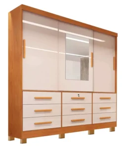 Guarda-roupa Casal Athenas Nature/Off 3 Portas 9 Gavetas C/ Espelho e Pés 100% MDF Larg. 1.80m - Bianchi
