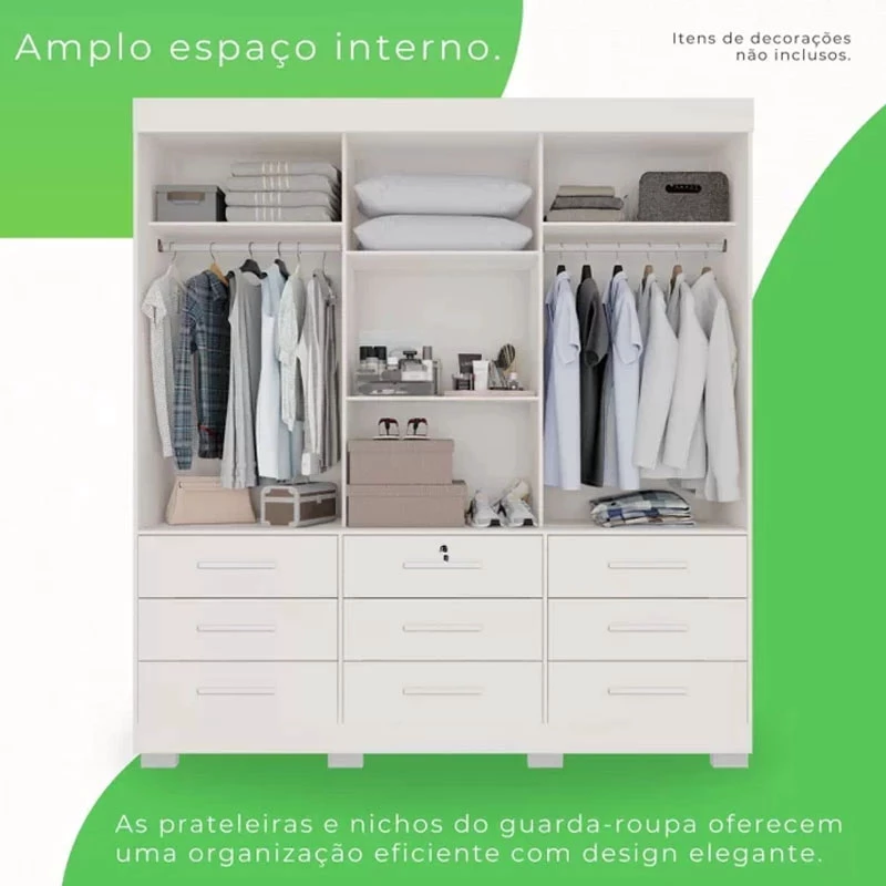 Roupeiro Casal Athenas Branco 3 Portas 9 Gavetas C/ Espelho e Pés 100% MDF Larg. 1.80m - Bianchi - Imagem 2
