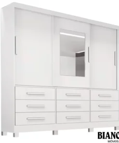 Roupeiro Casal Athenas Branco 3 Portas 9 Gavetas C/ Espelho e Pés 100% MDF Larg. 1.80m - Bianchi