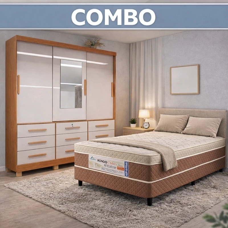 Combo - Roupeiro Casal Athenas Nature/Off 3 Portas 9 Gavetas C/ 1 Espelho e Pés 100% MDF Larg. 1.80m Bianchi + Unibox Box Casal Ortopédico D33 Rondoconfort | Suporta até 300kg