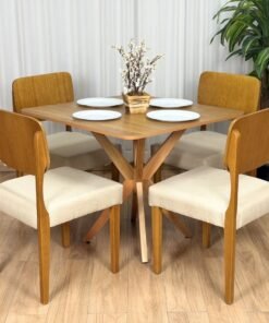 Mesa de Jantar Simpatia 0.90×0.90 Quadrada c/4 Cadeiras Barcelona – Cinamomo/Bege Linho