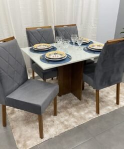 MESA LOS ANGELES 120X80 TAMPO DE VIDRO +04 CADEIRAS MADEIRA MACIÇA (VARIAS OPÇÕES DE CORES)