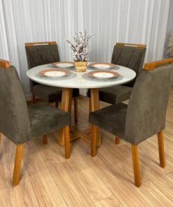 MESA BALI 110X110 REDONDA TAMPO DE VIDRO + 4 CADEIRAS MADEIRA MACIÇA (VARIAS OPÇÕES DE CORES)