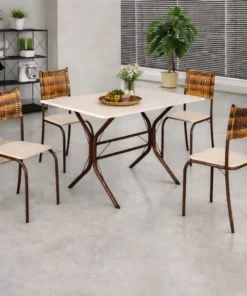 Mesa Atlanta Base Cabo Frio Marrom Tampo Off Pedra 100x60 4 Cadeiras Assento Creme - Teixeira
