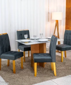 Mesa de Jantar Moscou 120x80 Vidro Off/Base Cinamomo (pontas boleadas) + 4 Cad. Londres em madeira maciça