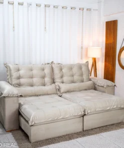Sofá Retrátil Reclinável Maldivas 2.30m Veludo Bege - espuma D33