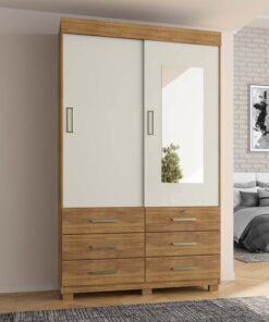 Guarda-roupa Solteiro 1,21m Búzios Cedro/Areia 2 Portas 6 Gavetas com Espelho - Rud Rack