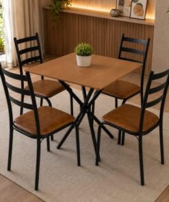 Conjunto Mesa Tubular Marabá Preto Fosco c/4 Cadeiras Tampo BP 0.70×0.70 – Preto Fosco/Marrom Courino